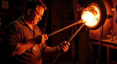 A glassblower shaping molten glass at the end of a long blowpipe in a dark workshop lit by the furnace