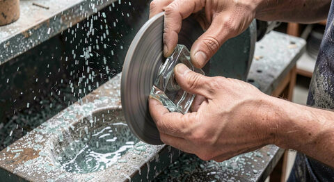 An artisan holding a small bevelled glass piece against a spinning grinding wheel with water running over it