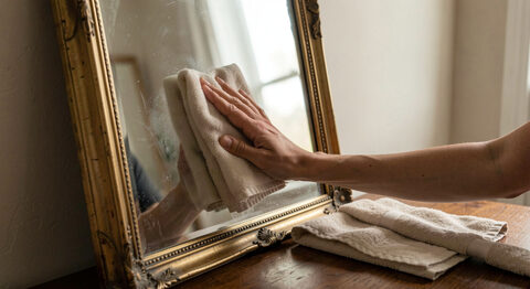 A hand cleaning the glass of an antique mirror with a soft cloth, a dry towel on the table nearby