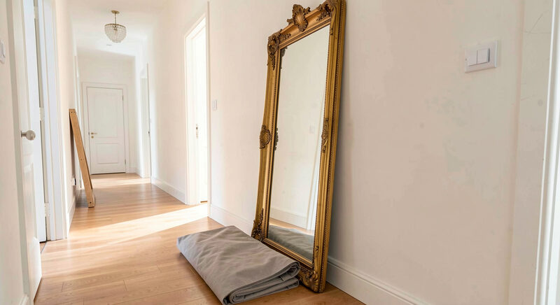 A tall Venetian mirror leaning against a wall in a bright hallway with a folded moving blanket on the floor beside it.