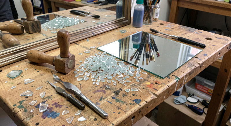 A workbench in a mirror workshop covered with small cut glass pieces, a wooden mallet, engraving tools and one sheet of silvered glass.